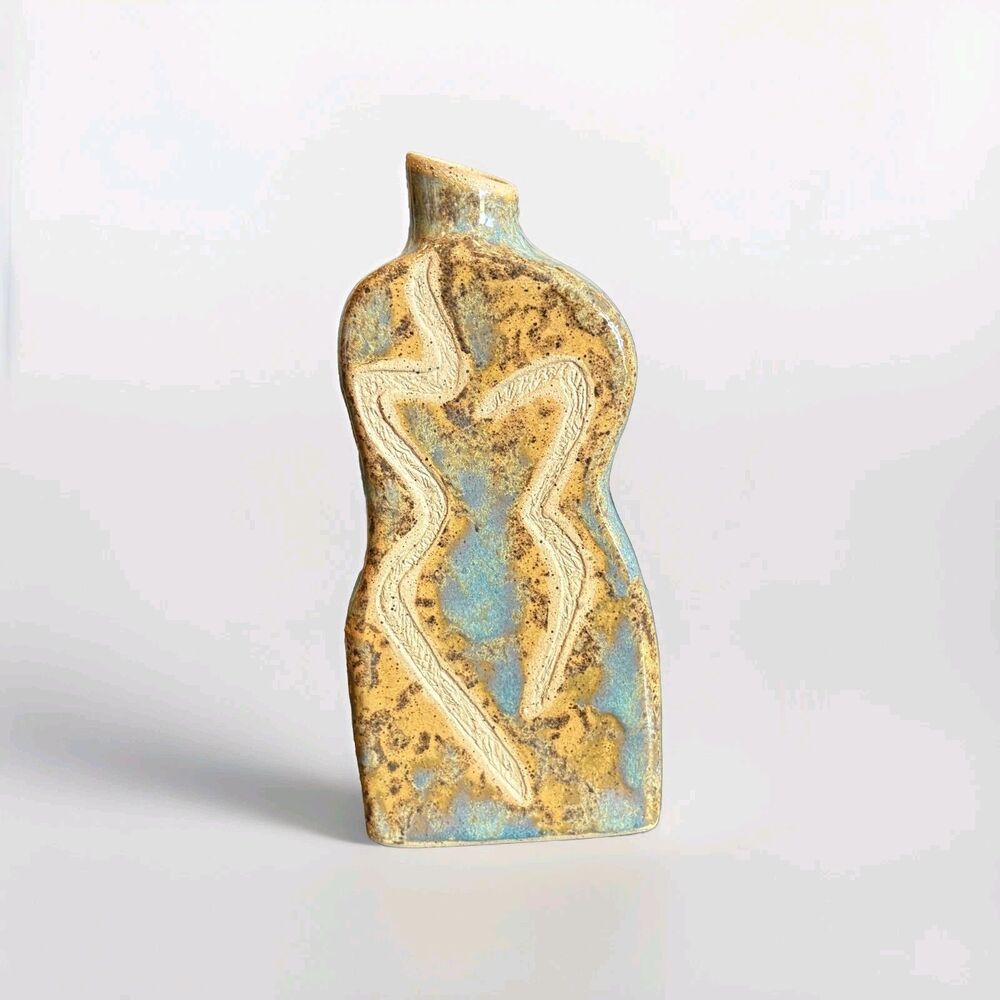 Vintage Studio Pottery Abstract Incised Line Vase Stoneware Blue Gold Glaze